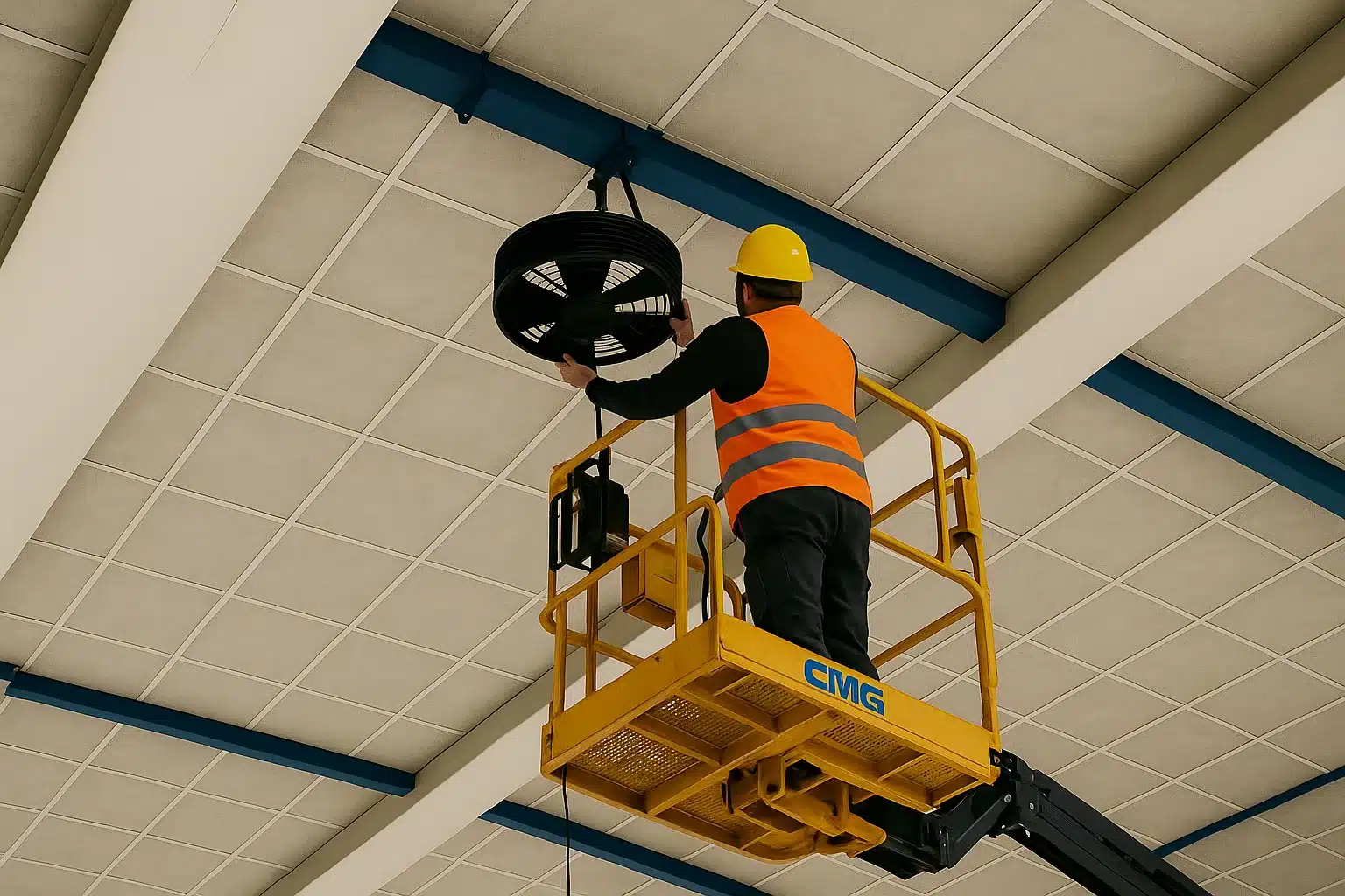 Technicien installant un destratificateur d'air en hauteur